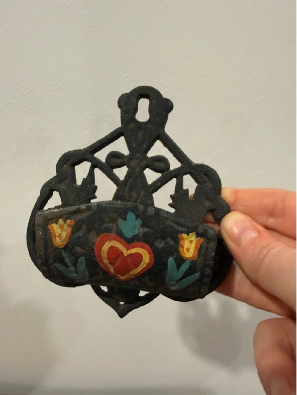 Vintage Cast Iron Wall Match Holder Hand Painted Folk Art Heart